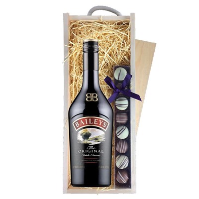 Baileys Irish Cream 70cl & Heart Truffles, Wooden Box
